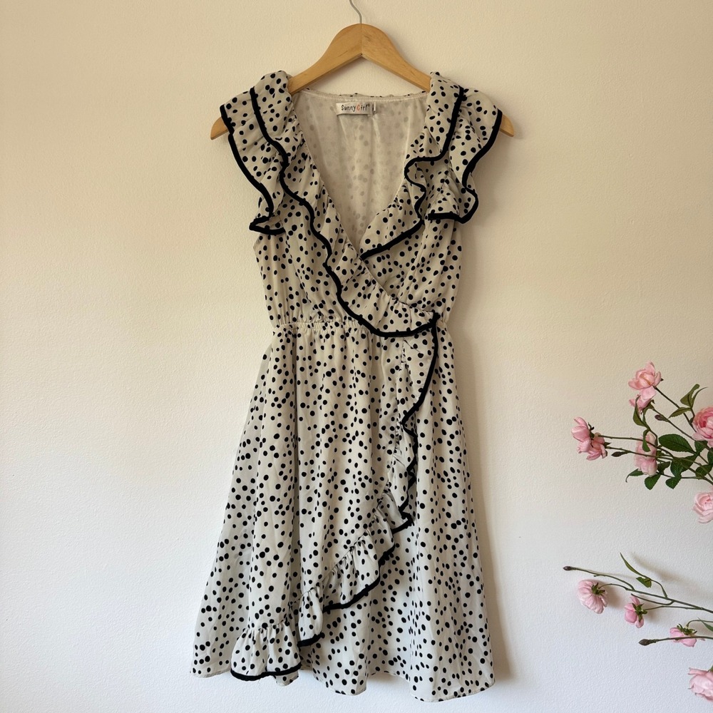 Sunny‎ Girl Polka Dot Ruffle Trim Midi Dress Black White Size 10 Pin-up Retro